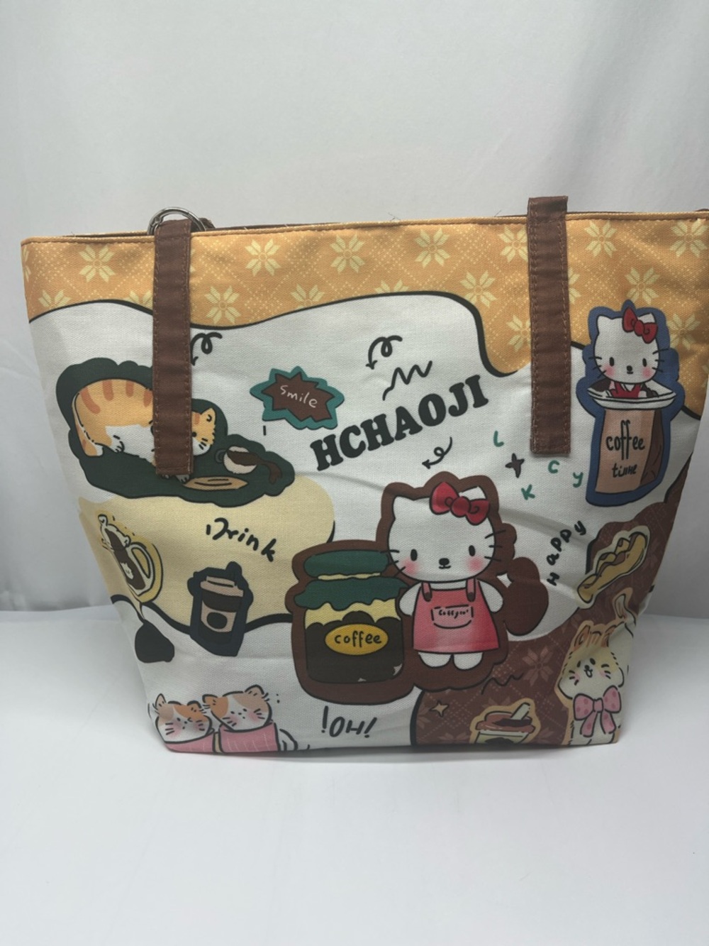 Hchaoji Cute Cartoon Print Tote Bag in Brown and Cream
